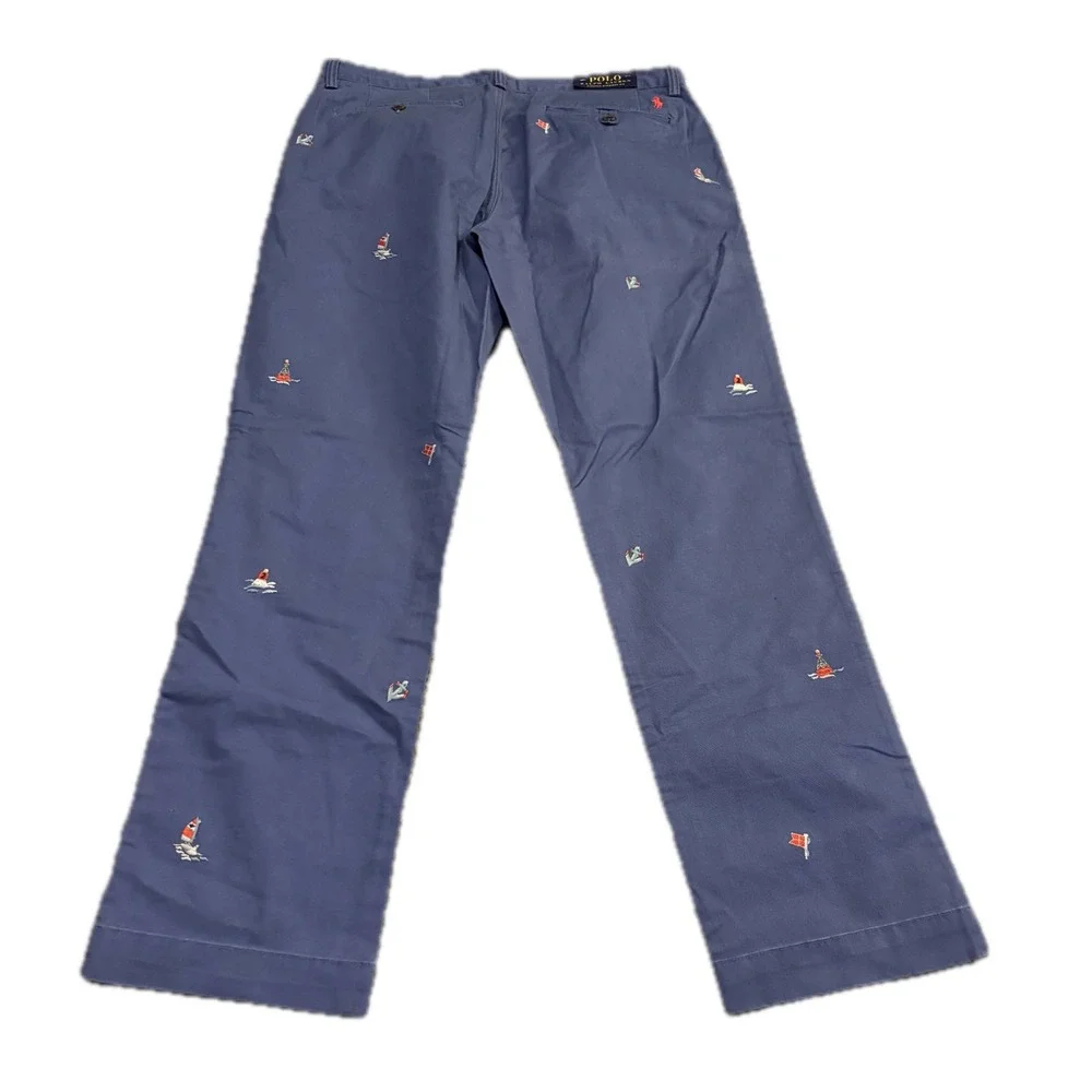 Polo Ralph Lauren Mens Navy Nautical Embroidered Stretch Straight Pant 34x32 NWT